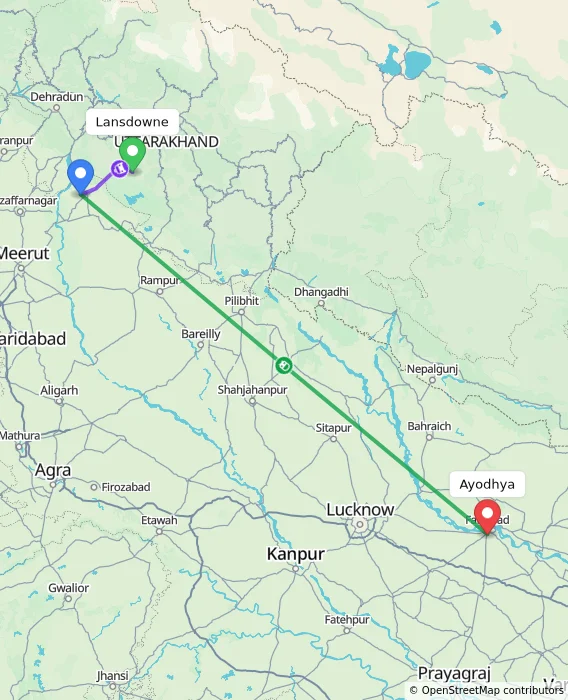 Route map showing distance and travel time from Lansdowne, India to Ayodhya, India