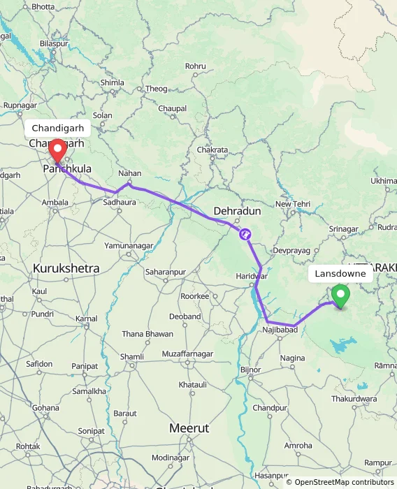 Route map showing distance and travel time from Lansdowne, India to Chandigarh, India