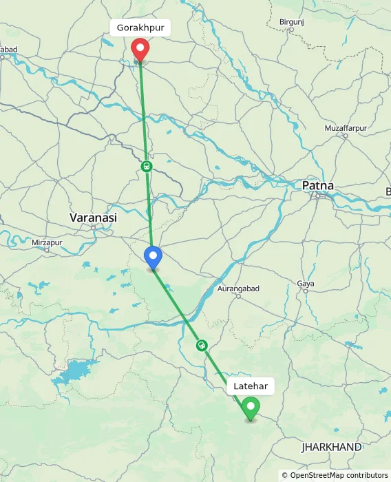 Route map showing distance and travel time from Latehar, India to Gorakhpur, India