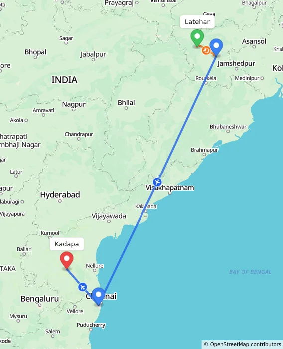 Route map showing distance and travel time from Latehar, India to Kadapa, India