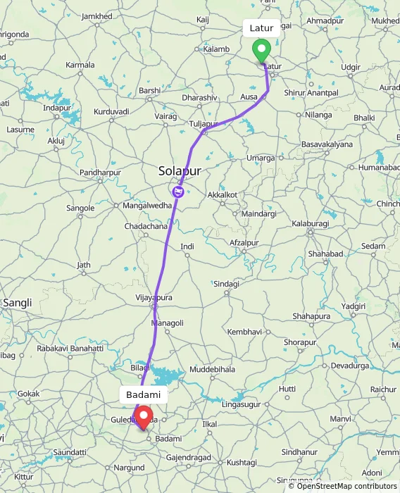Route map showing distance and travel time from Latur, India to Badami, India