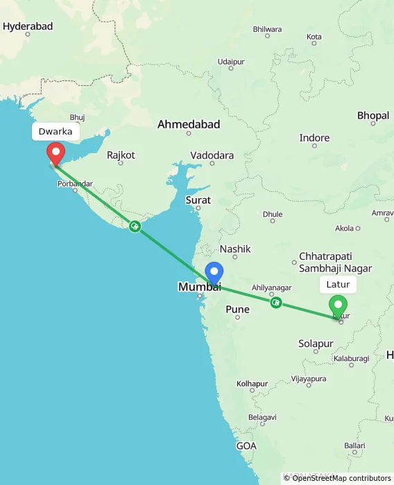 Route map showing distance and travel time from Latur, India to Dwarka, India