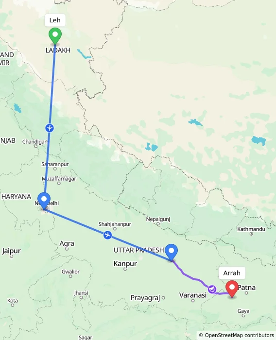 Route map showing distance and travel time from Leh, India to Arrah, India