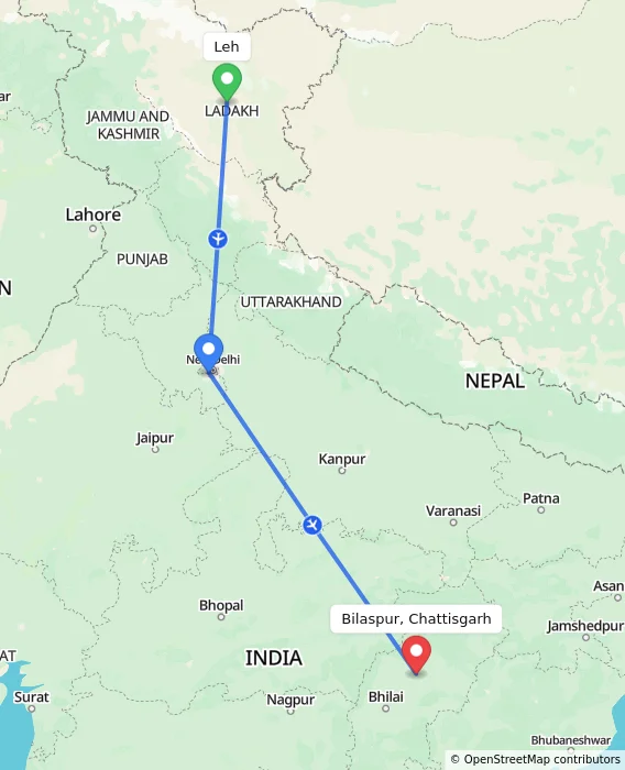 Route map showing distance and travel time from Leh, India to Bilaspur, Chattisgarh, India