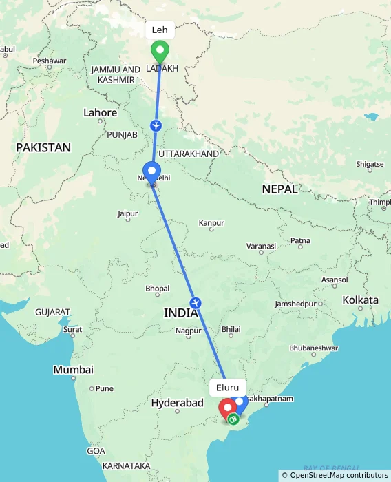 Route map showing distance and travel time from Leh, India to Eluru, India