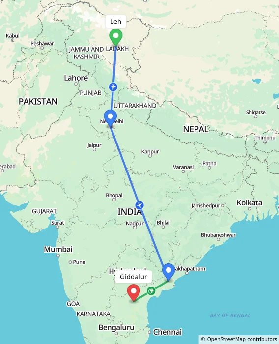 Route map showing distance and travel time from Leh, India to Giddalur, India