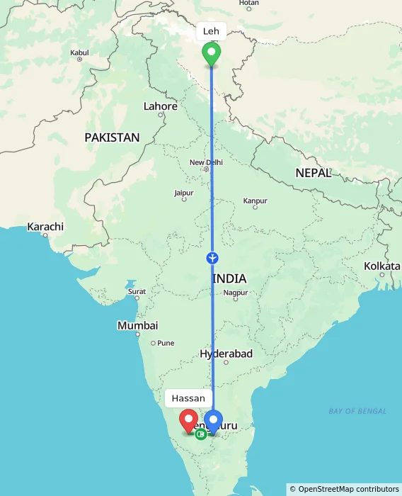 Route map showing distance and travel time from Leh, India to Hassan, India