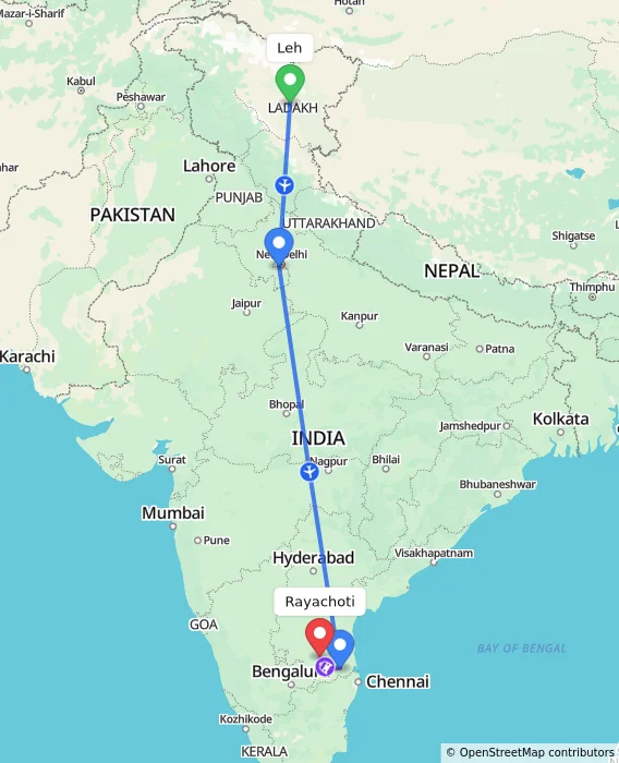Route map showing distance and travel time from Leh, India to Rayachoti, India