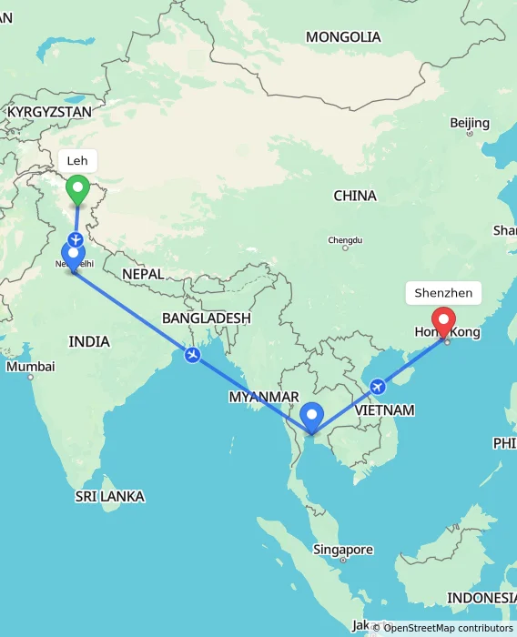 Route map showing distance and travel time from Leh, India to Shenzhen, China
