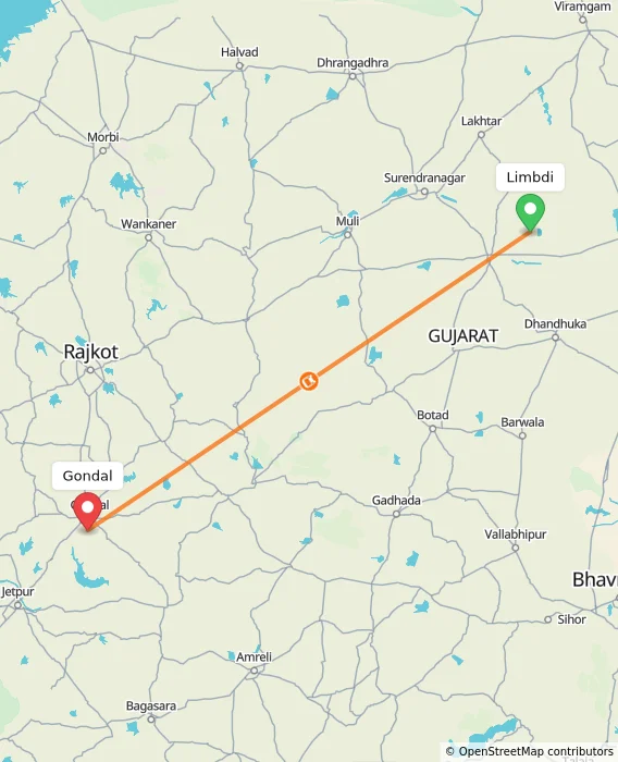 Route map showing distance and travel time from Limbdi, India to Gondal, India