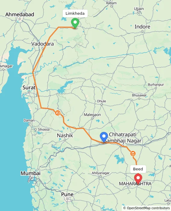 Route map showing distance and travel time from Limkheda, India to Beed, India