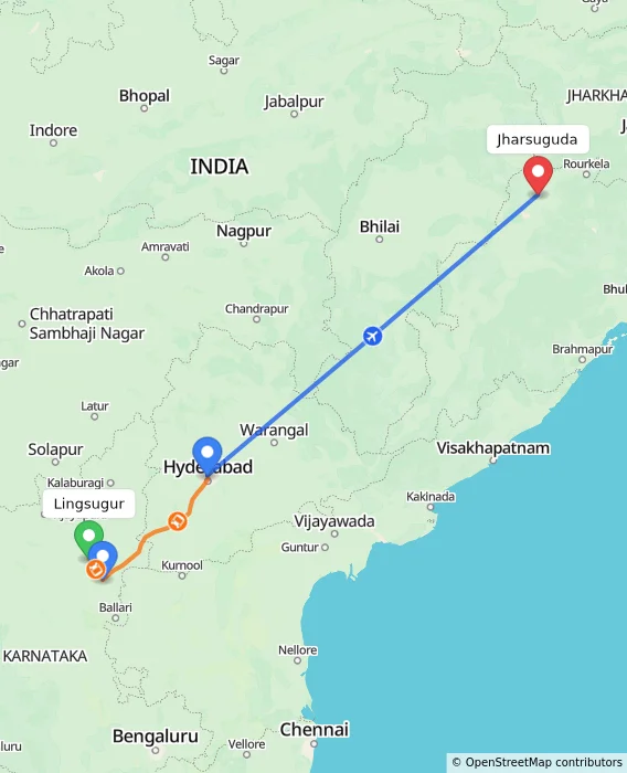 Route map showing distance and travel time from Lingsugur, India to Jharsuguda, India