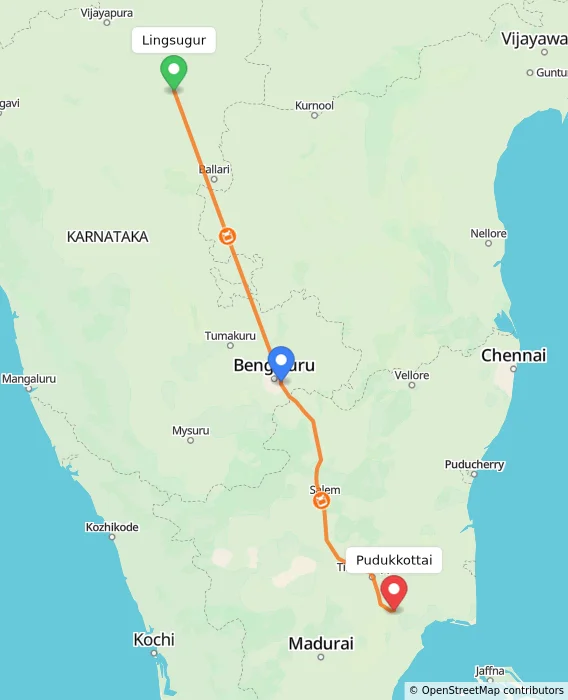 Route map showing distance and travel time from Lingsugur, India to Pudukkottai, India