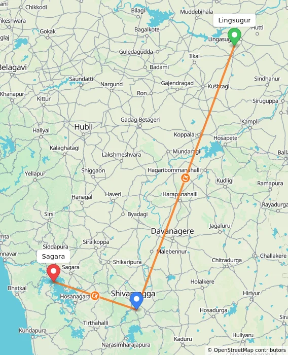 Route map showing distance and travel time from Lingsugur, India to Sagara, India
