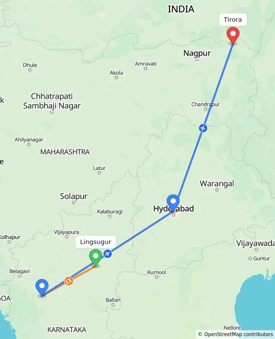 Route map showing distance and travel time from Lingsugur, India to Tirora, India
