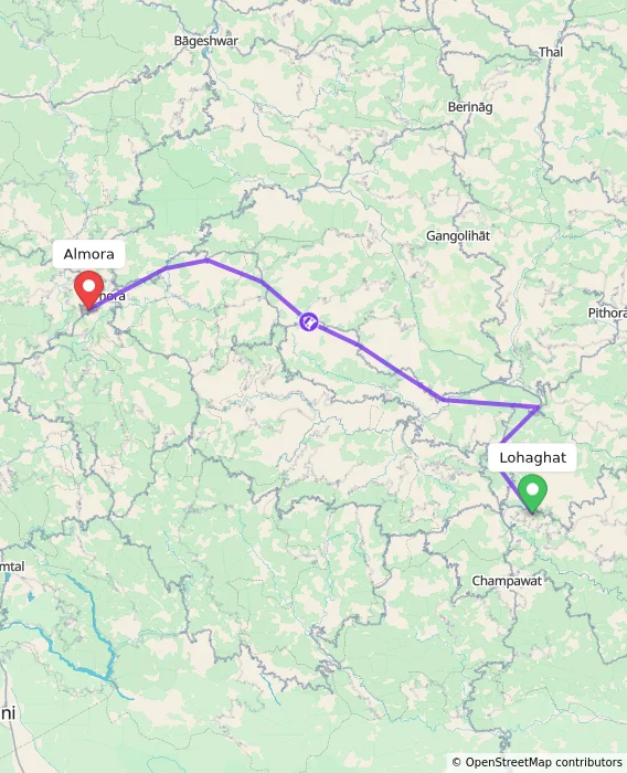 Route map showing distance and travel time from Lohaghat, India to Almora, India