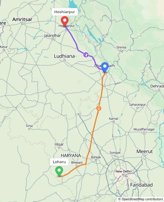 Route map showing distance and travel time from Loharu, India to Hoshiarpur, India