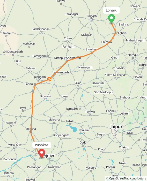 Route map showing distance and travel time from Loharu, India to Pushkar, India