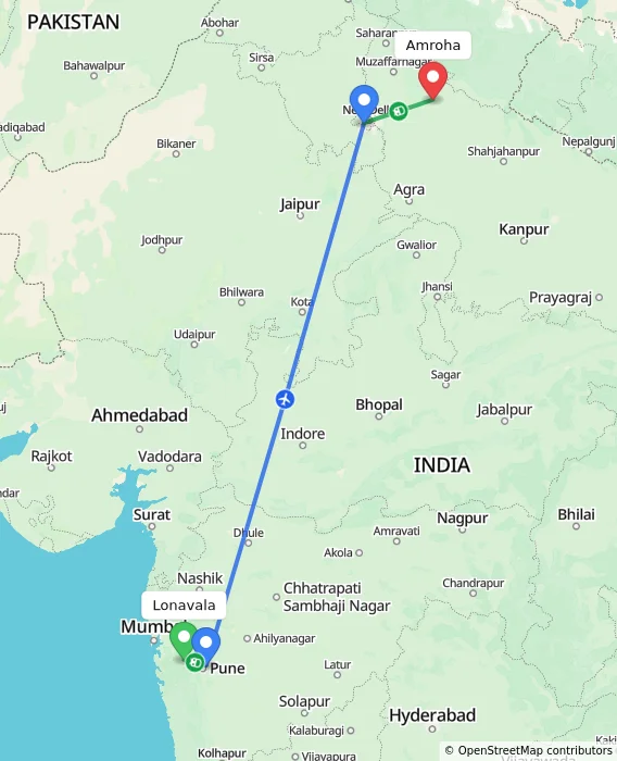 Route map showing distance and travel time from Lonavala, India to Amroha, India
