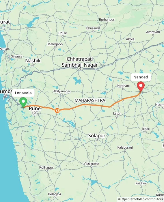 Route map showing distance and travel time from Lonavala, India to Nanded, India