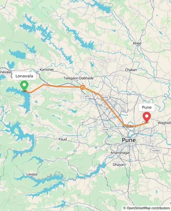 Route map showing distance and travel time from Lonavala, India to Pune, India