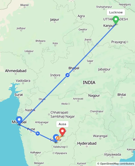 Route map showing distance and travel time from Lucknow, India to Ausa, India