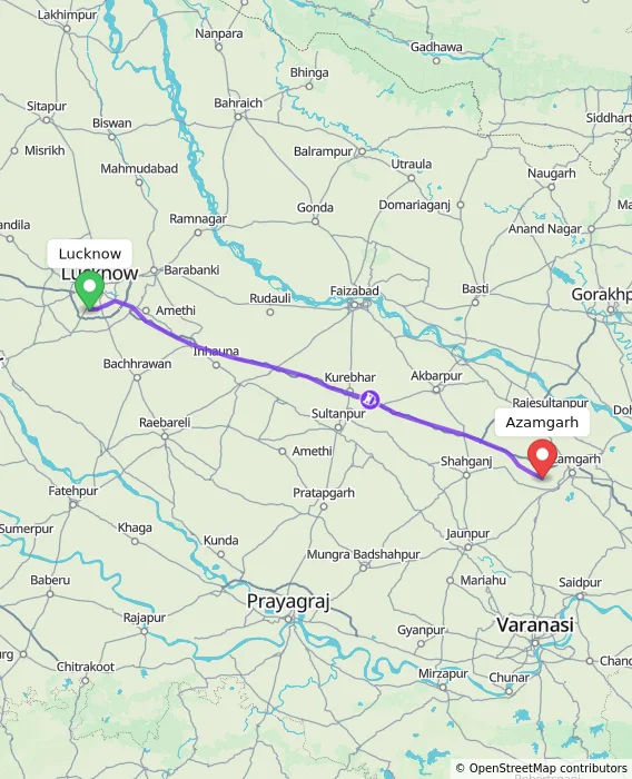 Route map showing distance and travel time from Lucknow, India to Azamgarh, India