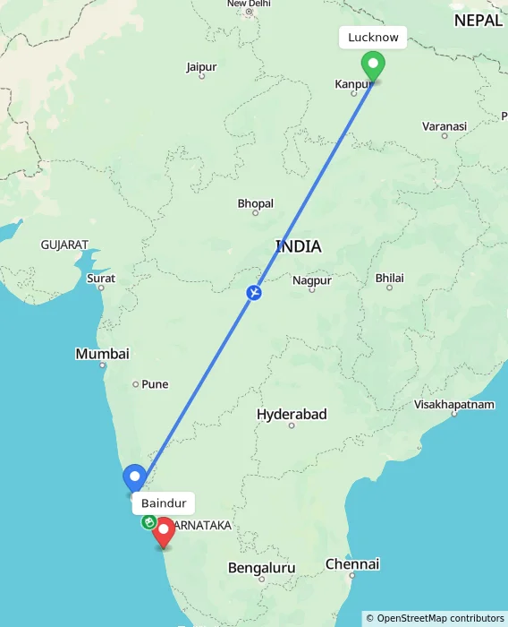 Route map showing distance and travel time from Lucknow, India to Baindur, India