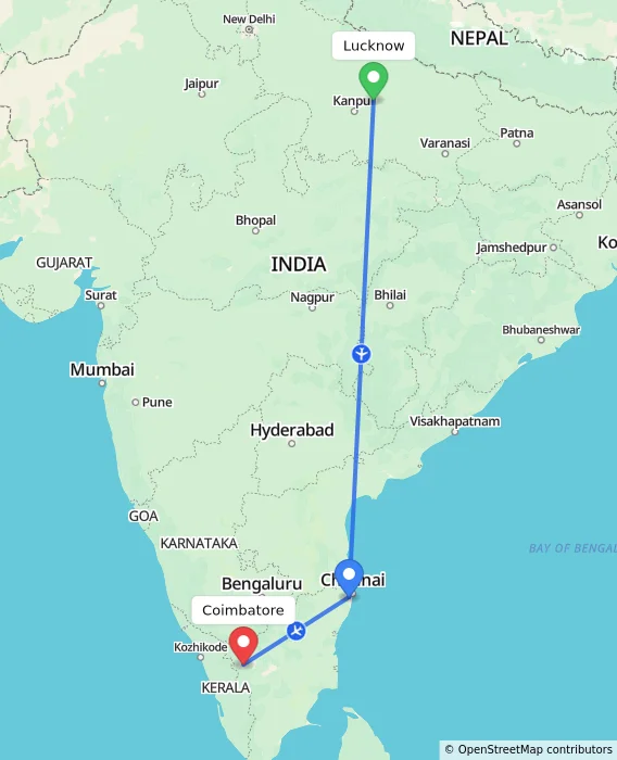 Route map showing distance and travel time from Lucknow, India to Coimbatore, India