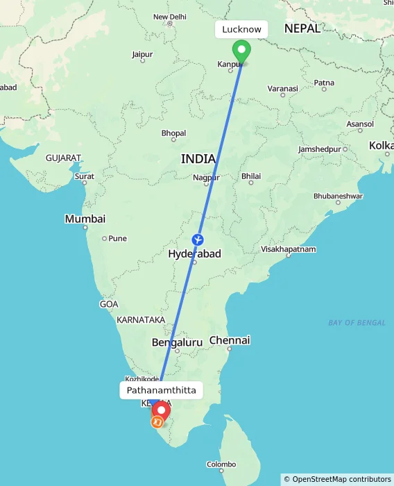 Route map showing distance and travel time from Lucknow, India to Pathanamthitta, India