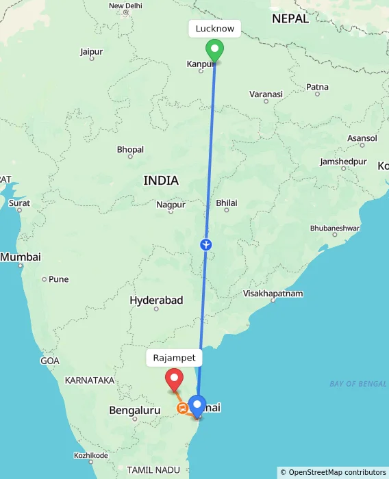 Route map showing distance and travel time from Lucknow, India to Rajampet, India