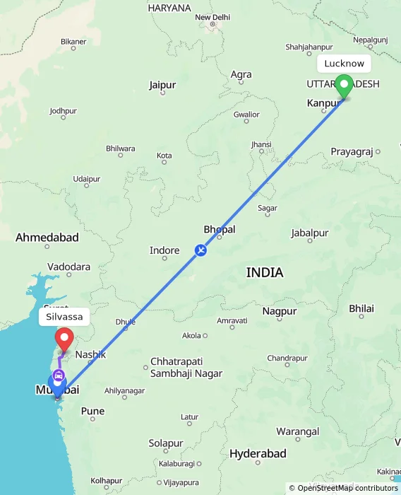 Route map showing distance and travel time from Lucknow, India to Silvassa, India