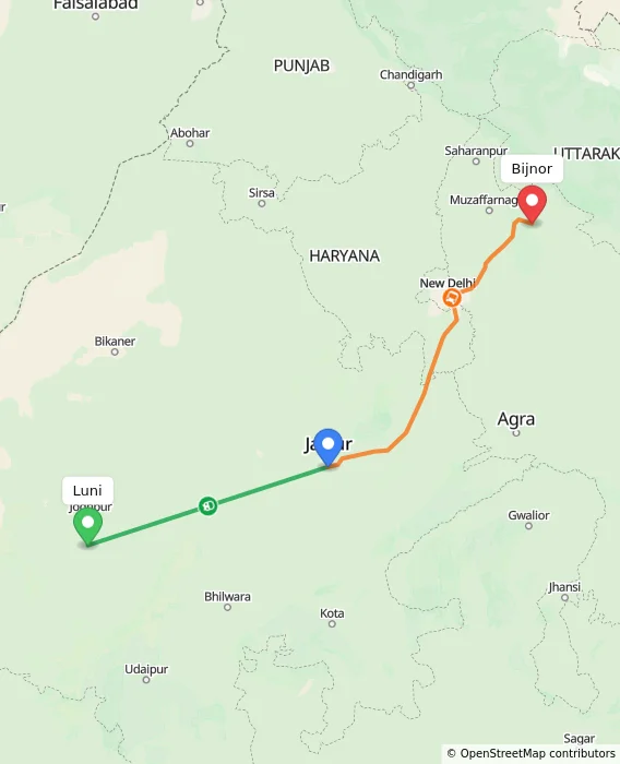 Route map showing distance and travel time from Luni, India to Bijnor, India