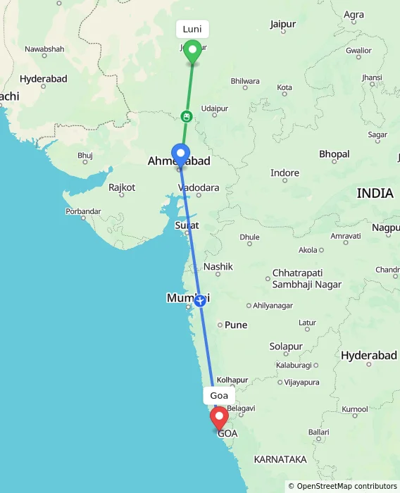 Route map showing distance and travel time from Luni, India to Goa, India