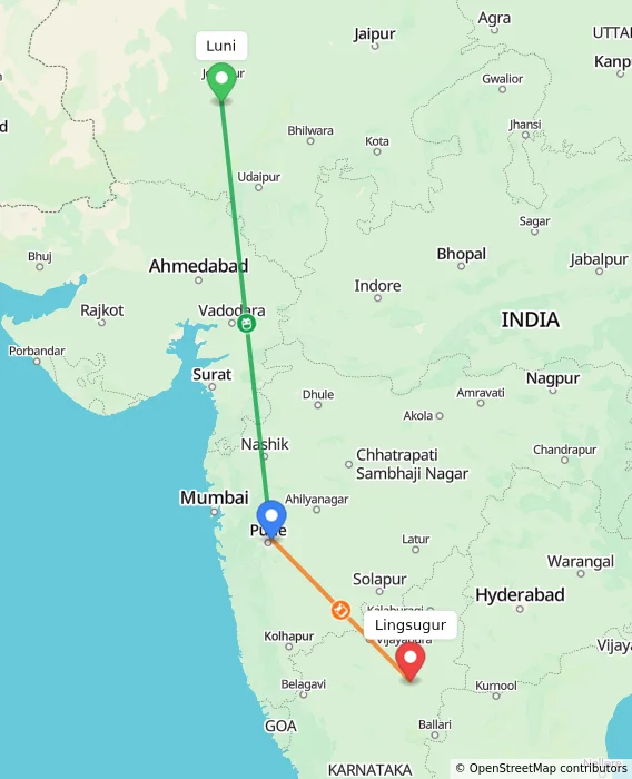 Route map showing distance and travel time from Luni, India to Lingsugur, India
