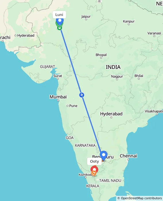 Route map showing distance and travel time from Luni, India to Ooty, India