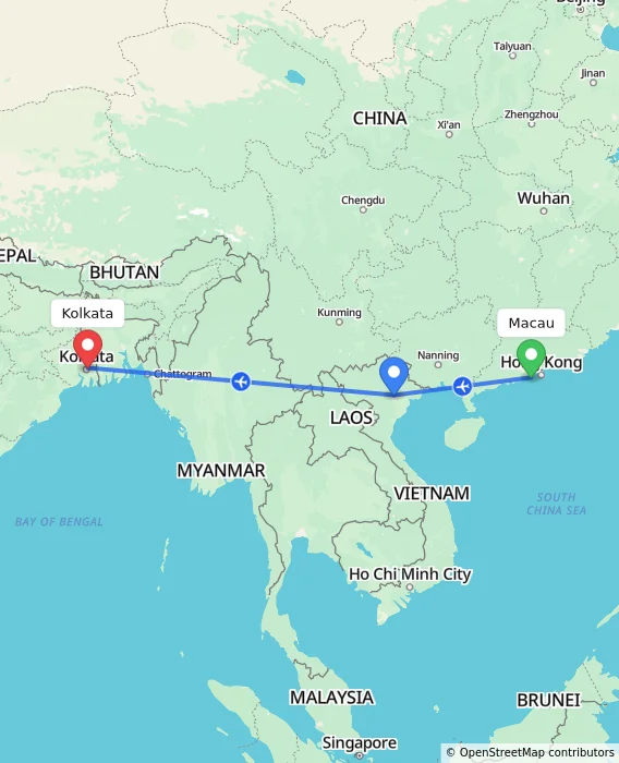 Route map showing distance and travel time from Macau, Macau (Special Administrative Region of China) to Kolkata, India