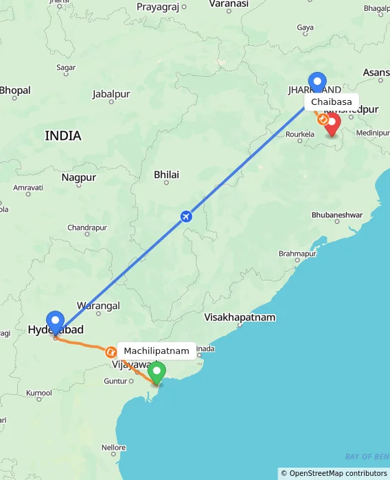 Route map showing distance and travel time from Machilipatnam, India to Chaibasa, India