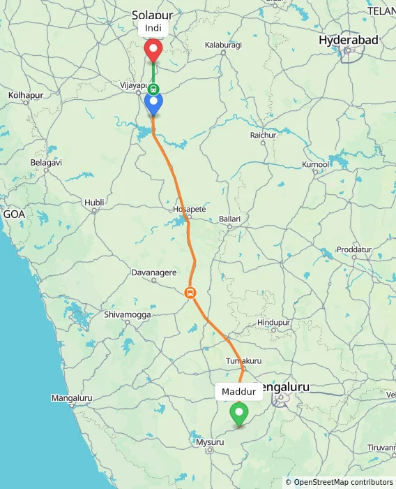Route map showing distance and travel time from Maddur, India to Indi, India
