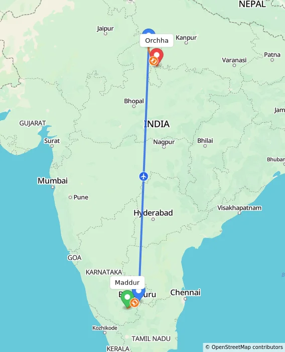 Route map showing distance and travel time from Maddur, India to Orchha, India