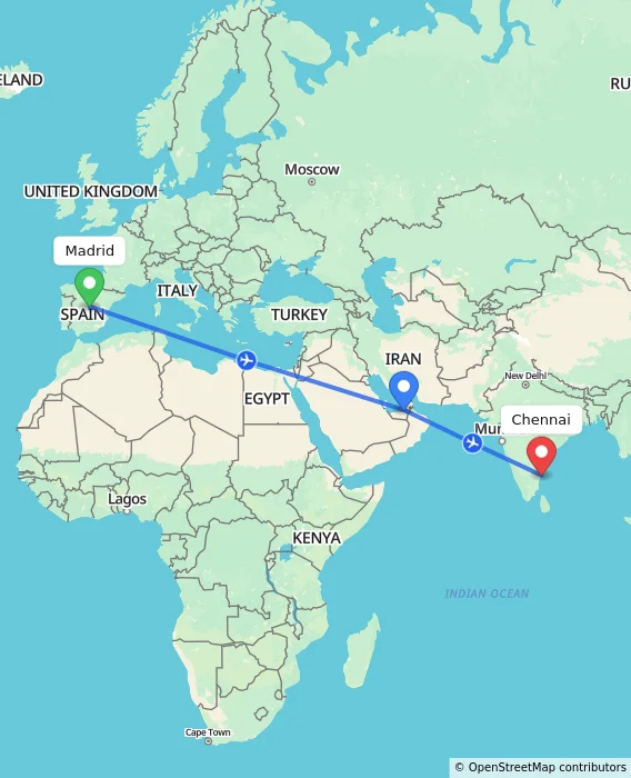 Route map showing distance and travel time from Madrid, Spain to Chennai, India