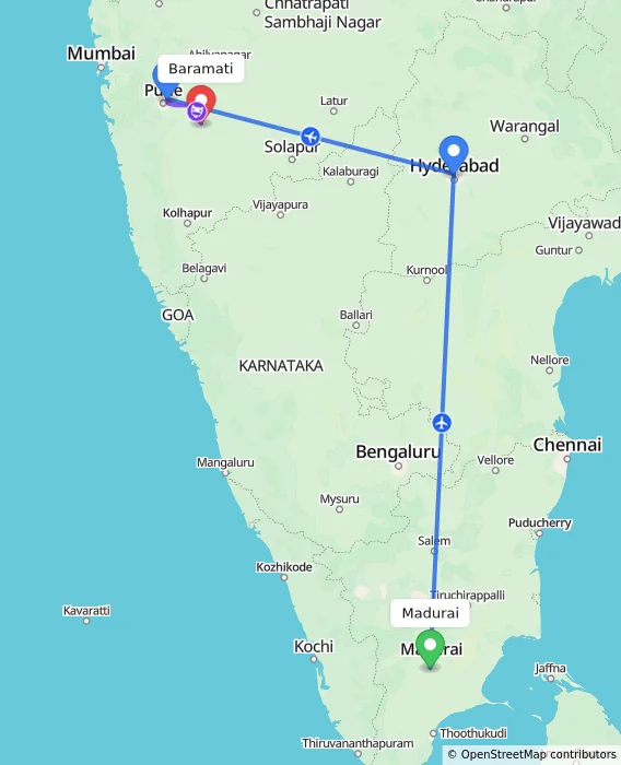 Route map showing distance and travel time from Madurai, India to Baramati, India