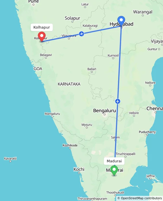 Route map showing distance and travel time from Madurai, India to Kolhapur, India