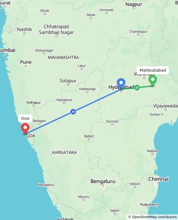 Route map showing distance and travel time from Mahbubabad, India to Goa, India