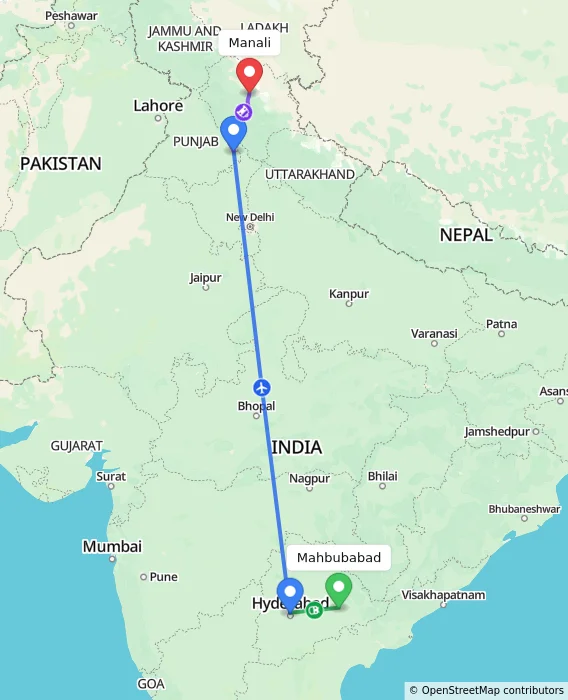 Route map showing distance and travel time from Mahbubabad, India to Manali, India