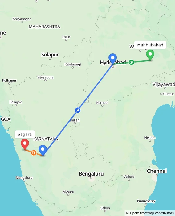 Route map showing distance and travel time from Mahbubabad, India to Sagara, India