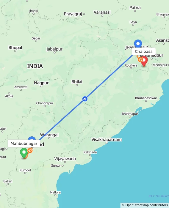 Route map showing distance and travel time from Mahbubnagar, India to Chaibasa, India
