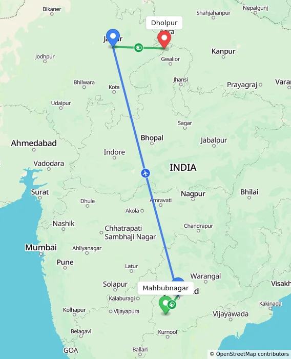 Route map showing distance and travel time from Mahbubnagar, India to Dholpur, India