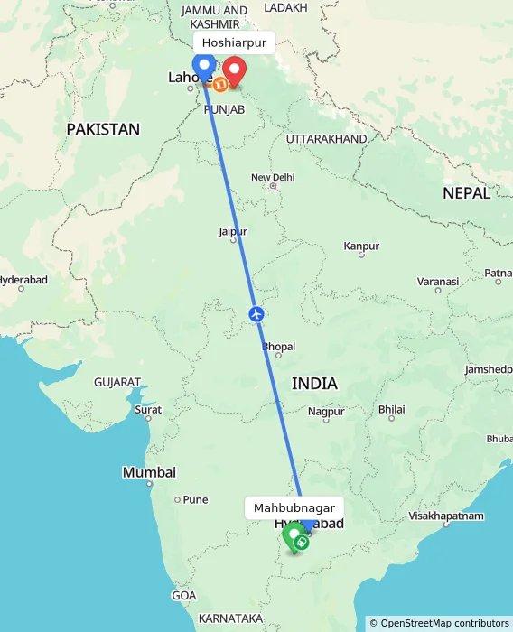 Route map showing distance and travel time from Mahbubnagar, India to Hoshiarpur, India
