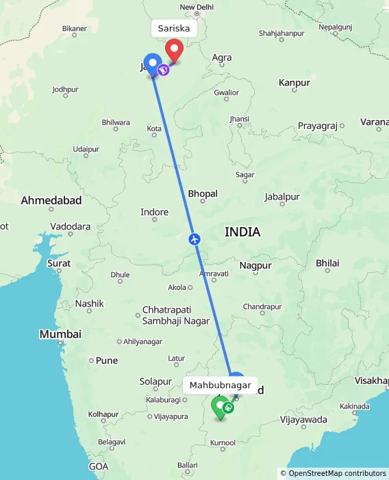 Route map showing distance and travel time from Mahbubnagar, India to Sariska, India